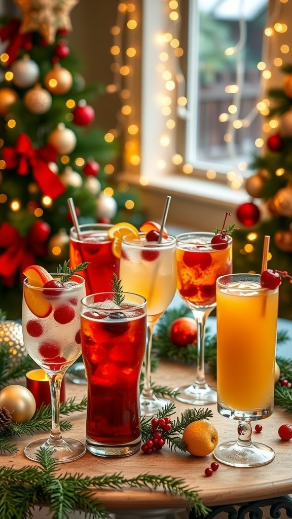 A selection of colorful healthier Christmas cocktails with fresh garnishes on a festive table.